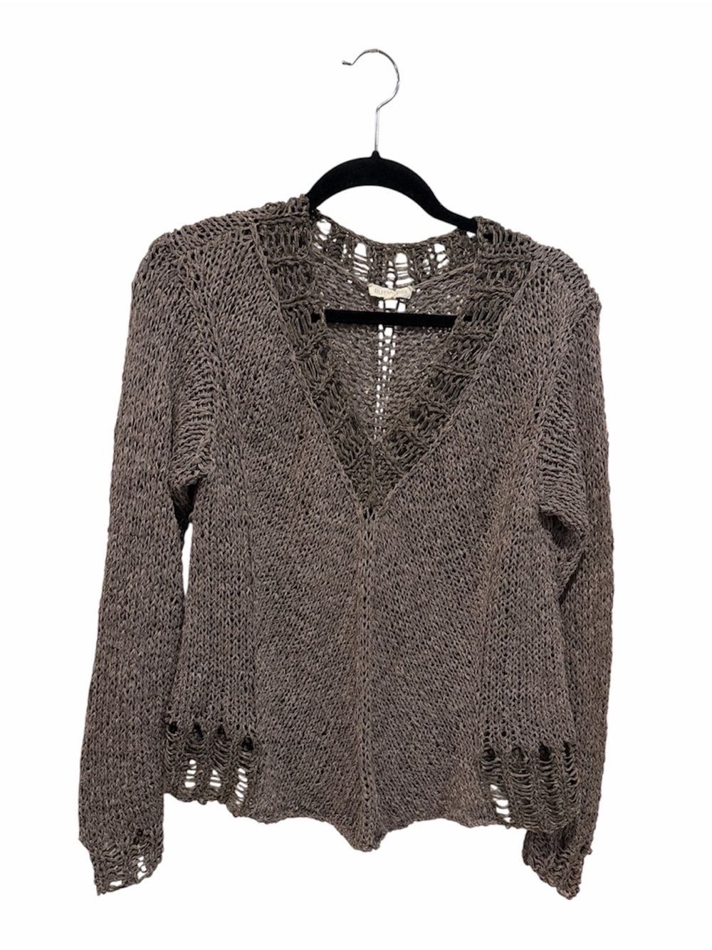 Eileen Fisher brown v neck open knit linen blend sweater XL